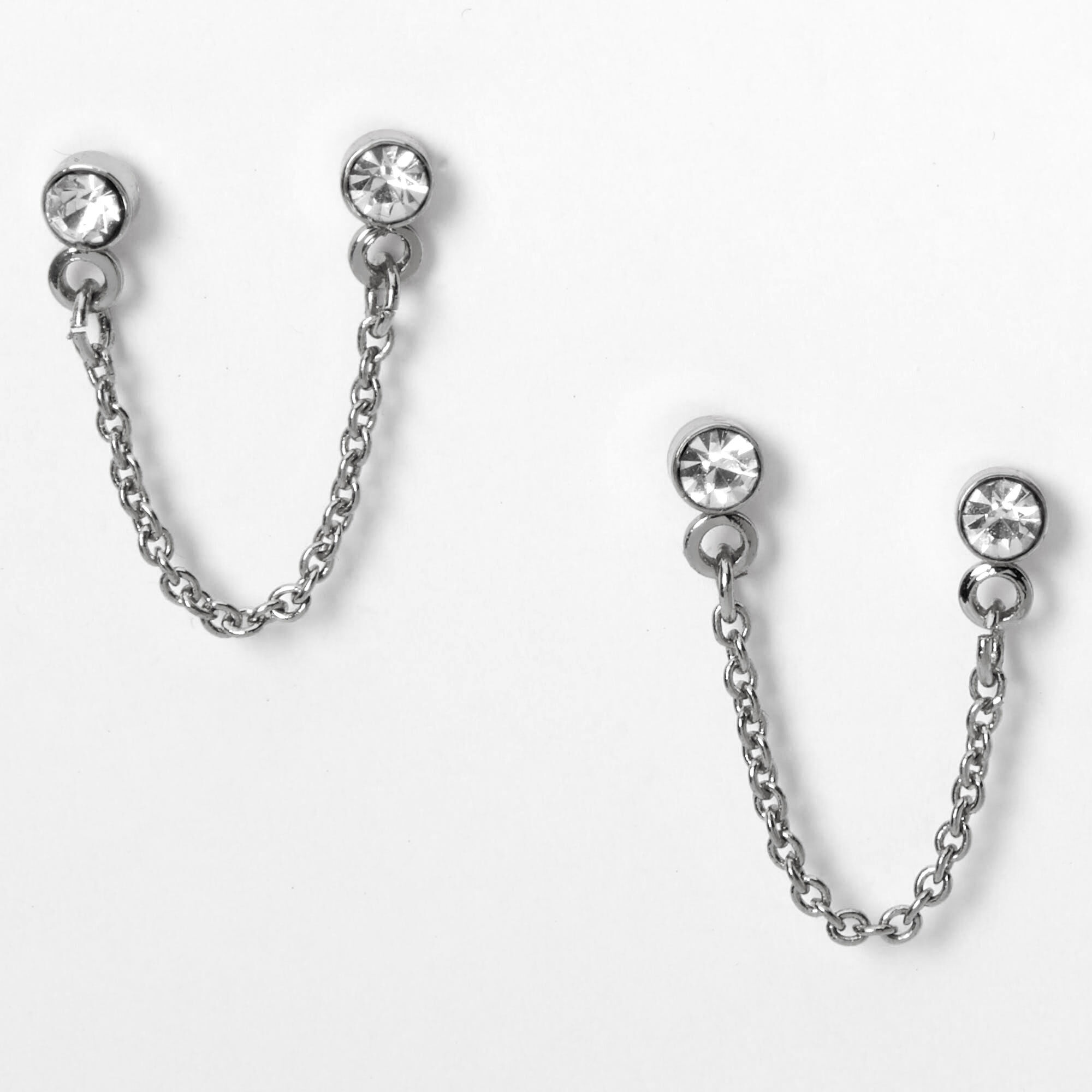 Silver Embellished Stone Connector Chain Stud Earrings