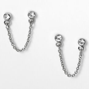 Silver Embellished Stone Connector Chain Stud Earrings,
