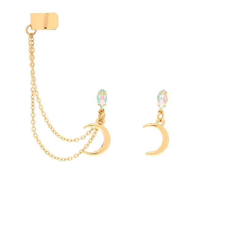 Gold Opal Moon Connector Earrings,