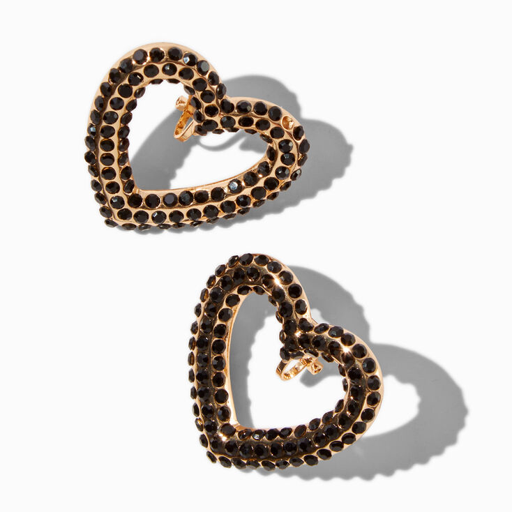 Black Rhinestone Large Heart Clip-On Stud Earrings,