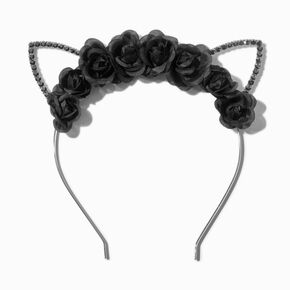 Black Flower Crystal Cat Ears Headband,