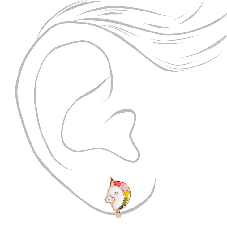 Clous d&rsquo;oreilles &agrave; clip licorne multicolore couleur dor&eacute;e,
