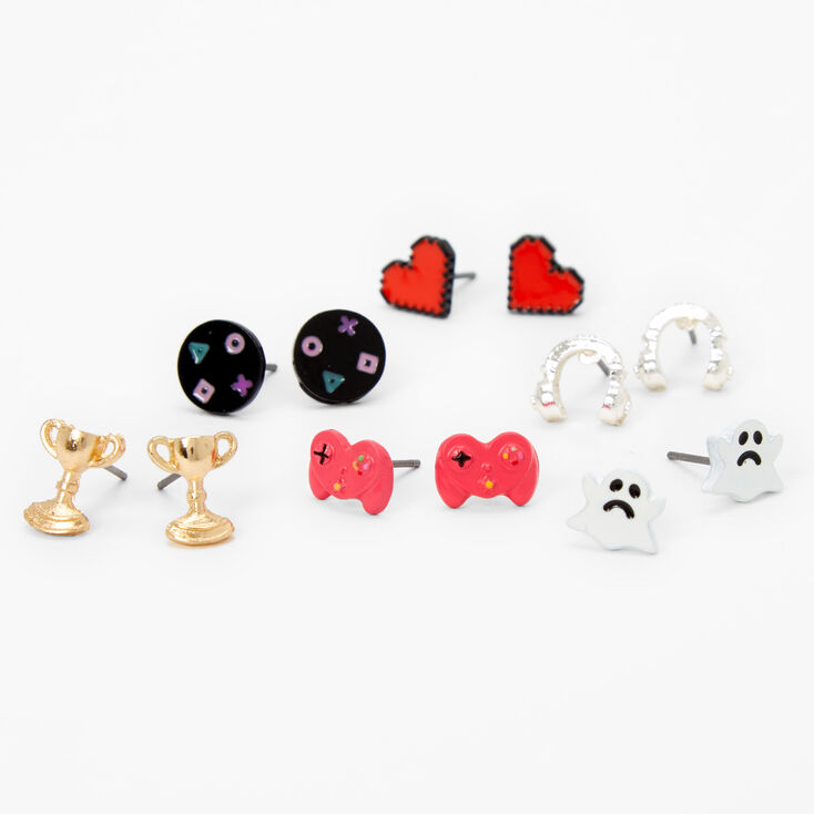 Silver Gamer Stud Earrings - 6 Pack,