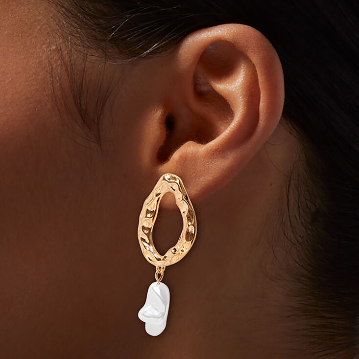 Gold-tone Textured Pearl Drop Earrings,
