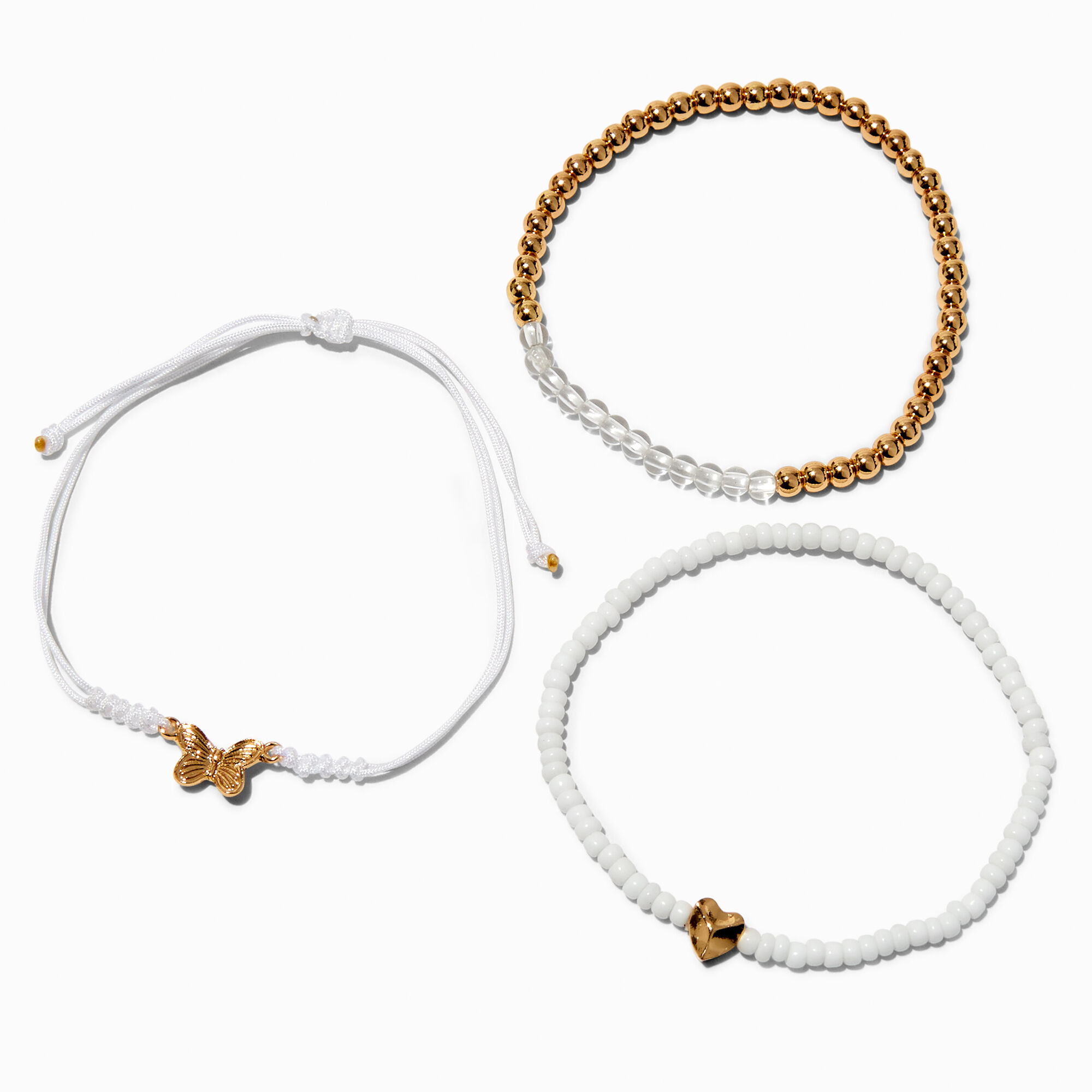 Butterfly & Heart White Seed Bead Bracelet Set - 3 Pack,