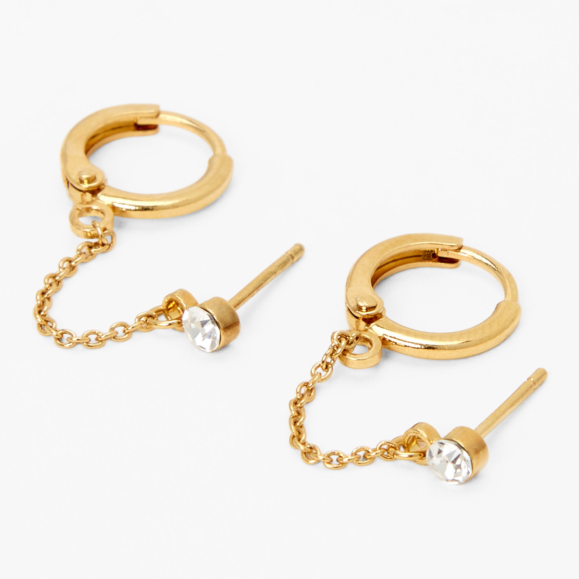 View Claires Plated Crystal Hoop Connector Chain Stud Earrings Gold information