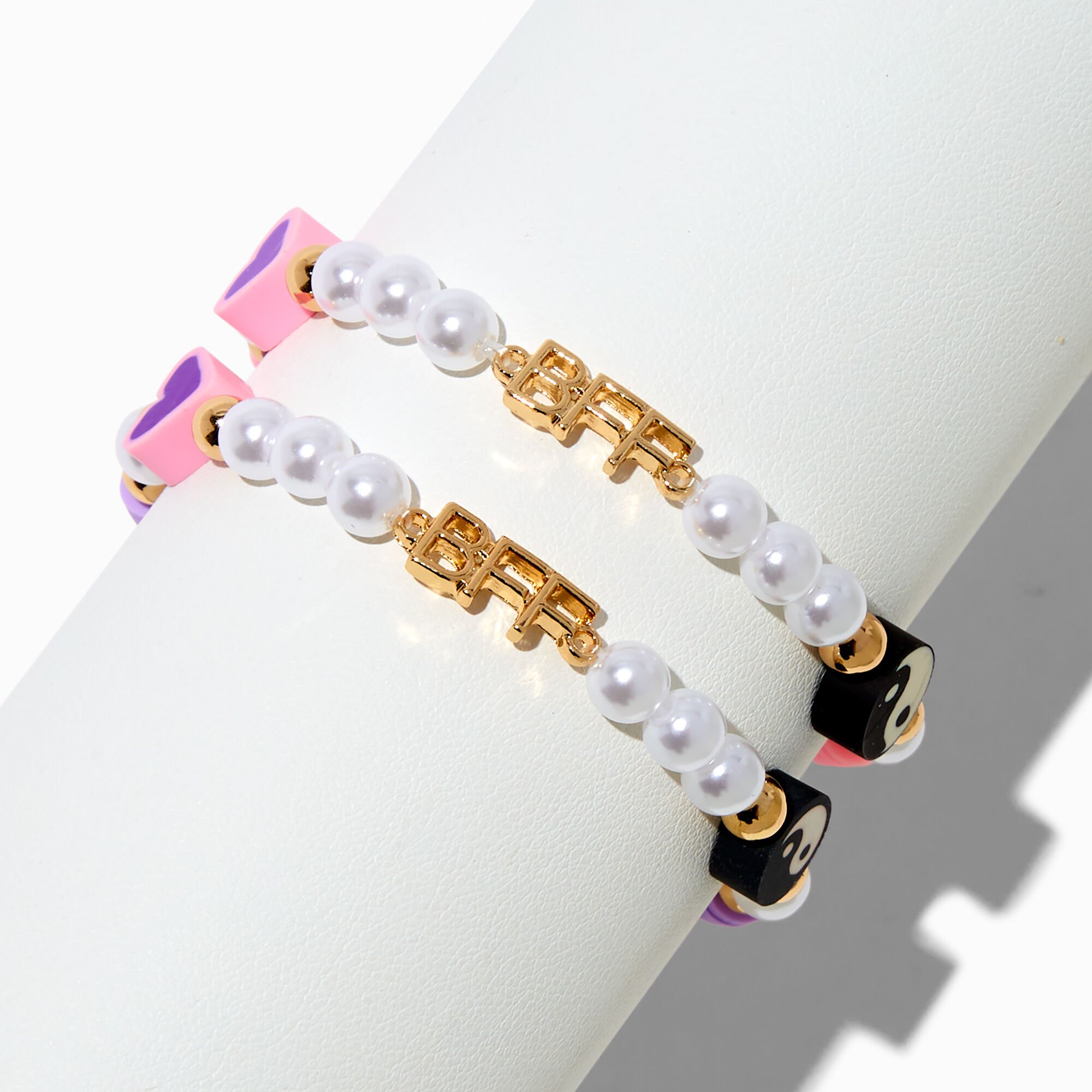 Bracelets élastiques perlés cœur yin yang perlés Best Friends - Lot de 2,