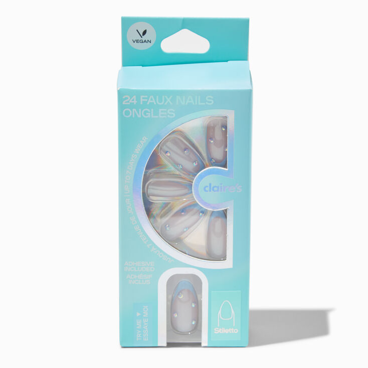 Blue Chrome French Tip Bling Stiletto Vegan Faux Nail Set - 24 Pack,