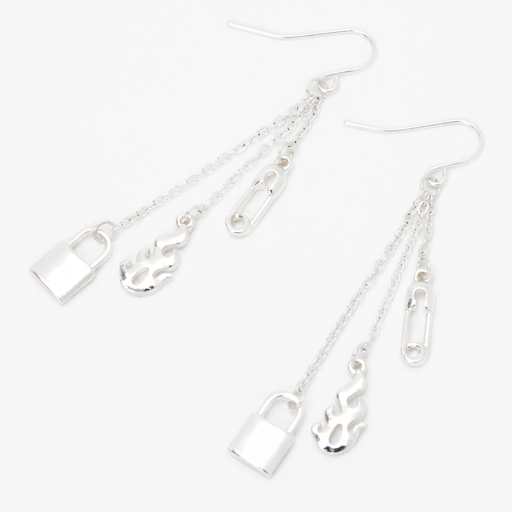 Silver 2" Safety Pin, Lock & Flame Linear Drop Earrings,