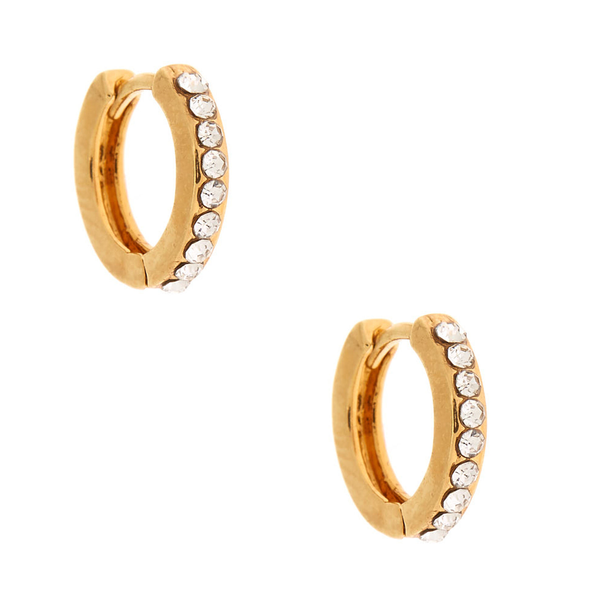 View Claires 18Ct Plated 10MM Embellished Huggie Hoop Earrings Gold information