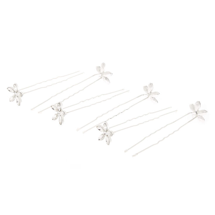 Silver Rhinestone Flower Hair Pins - 6 Pack,