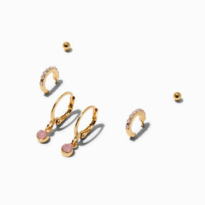 Boucles d&rsquo;oreilles superposables pierre rose couleur dor&eacute;e - Lot de 3,