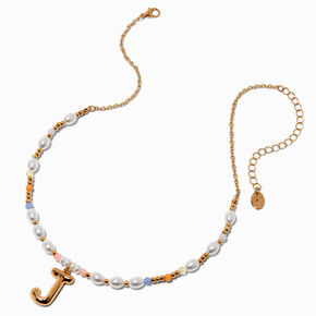 Gold-tone Bubble Initial Pastel Beaded Pendant Necklace - J,