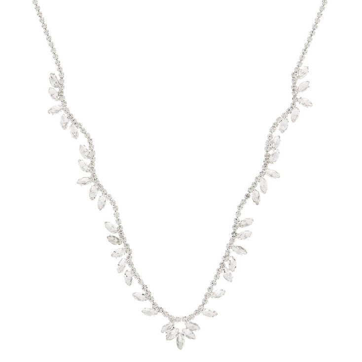 Silver Rhinestone Wave Leaf Statement Necklace,