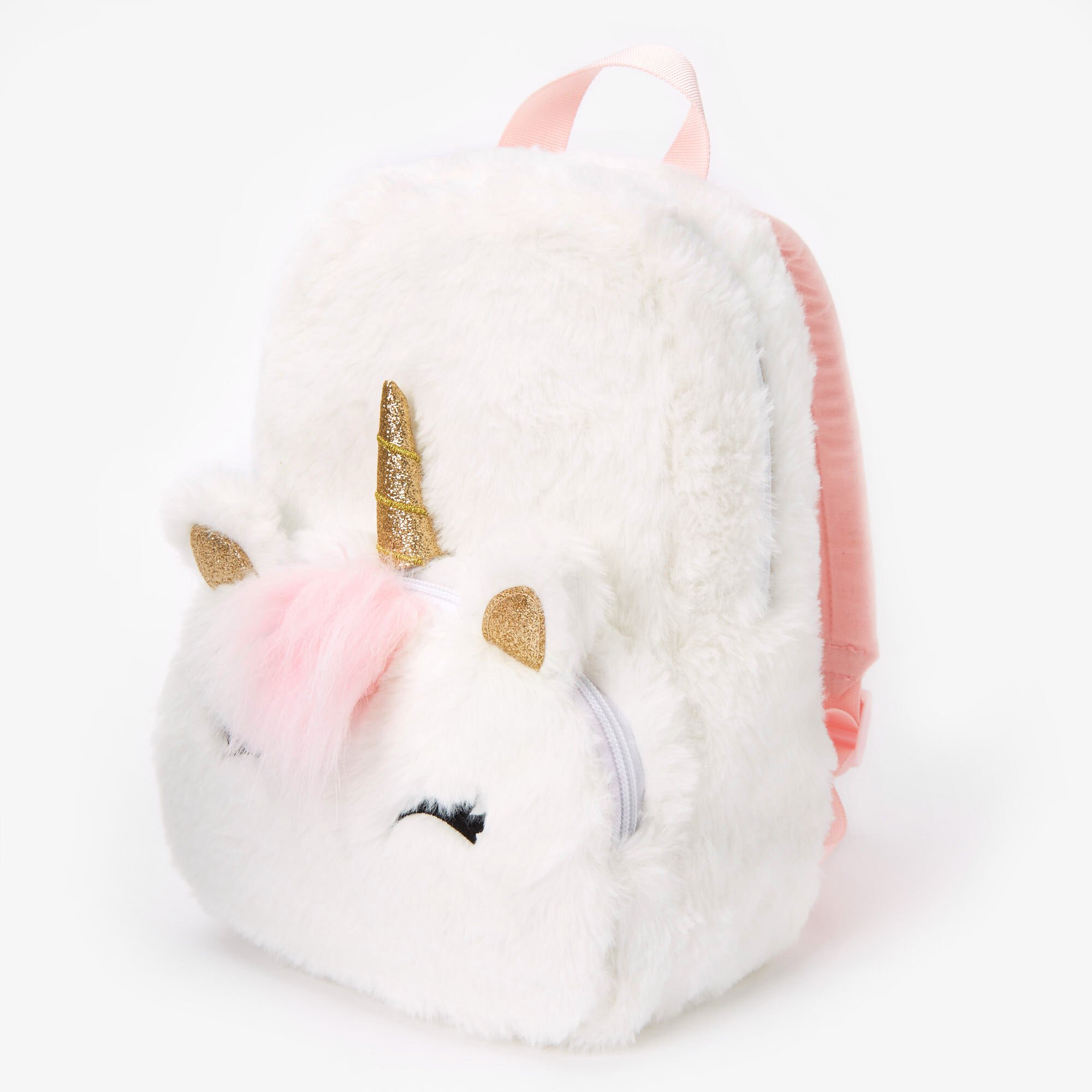 Claire s Club Furry Unicorn Small Backpack White