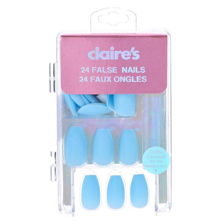 Matte Pastel Blue Coffin Faux Nail Set - Blue, 24 Pack,