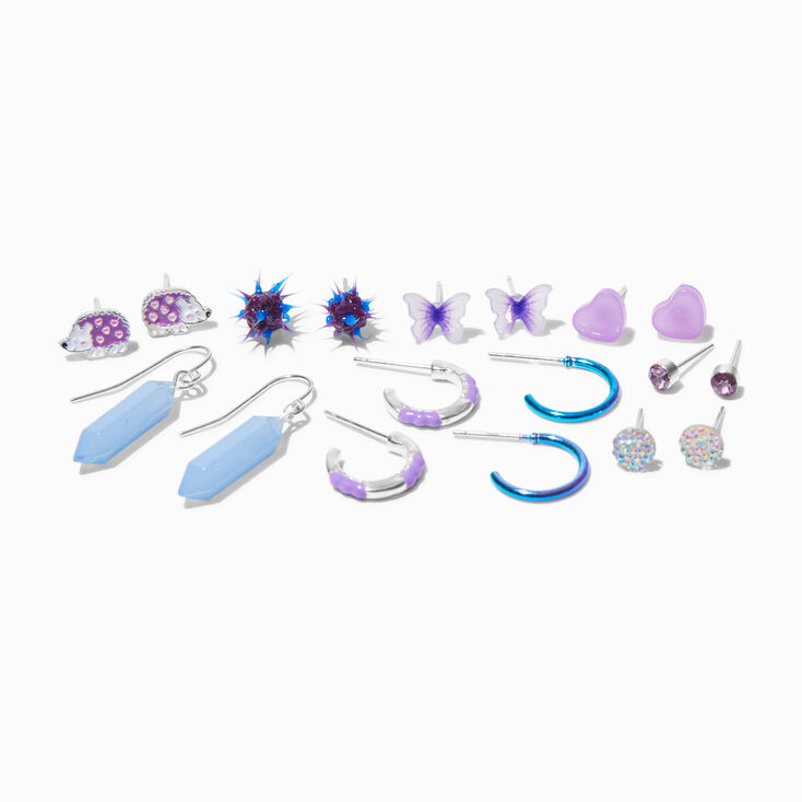 Cr&eacute;oles, pendantes et clous d&#39;oreilles vari&eacute;s violets h&eacute;risson - Lot de 9,