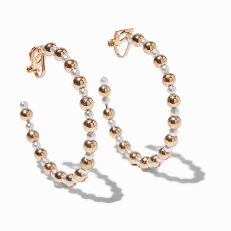 Gold-tone &amp; Pearl 40mm Clip-On Hoop Earrings,