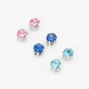 Blue &amp; Pink Cubic Zirconia 5MM Magnetic Stud Earrings - 3 Pack,