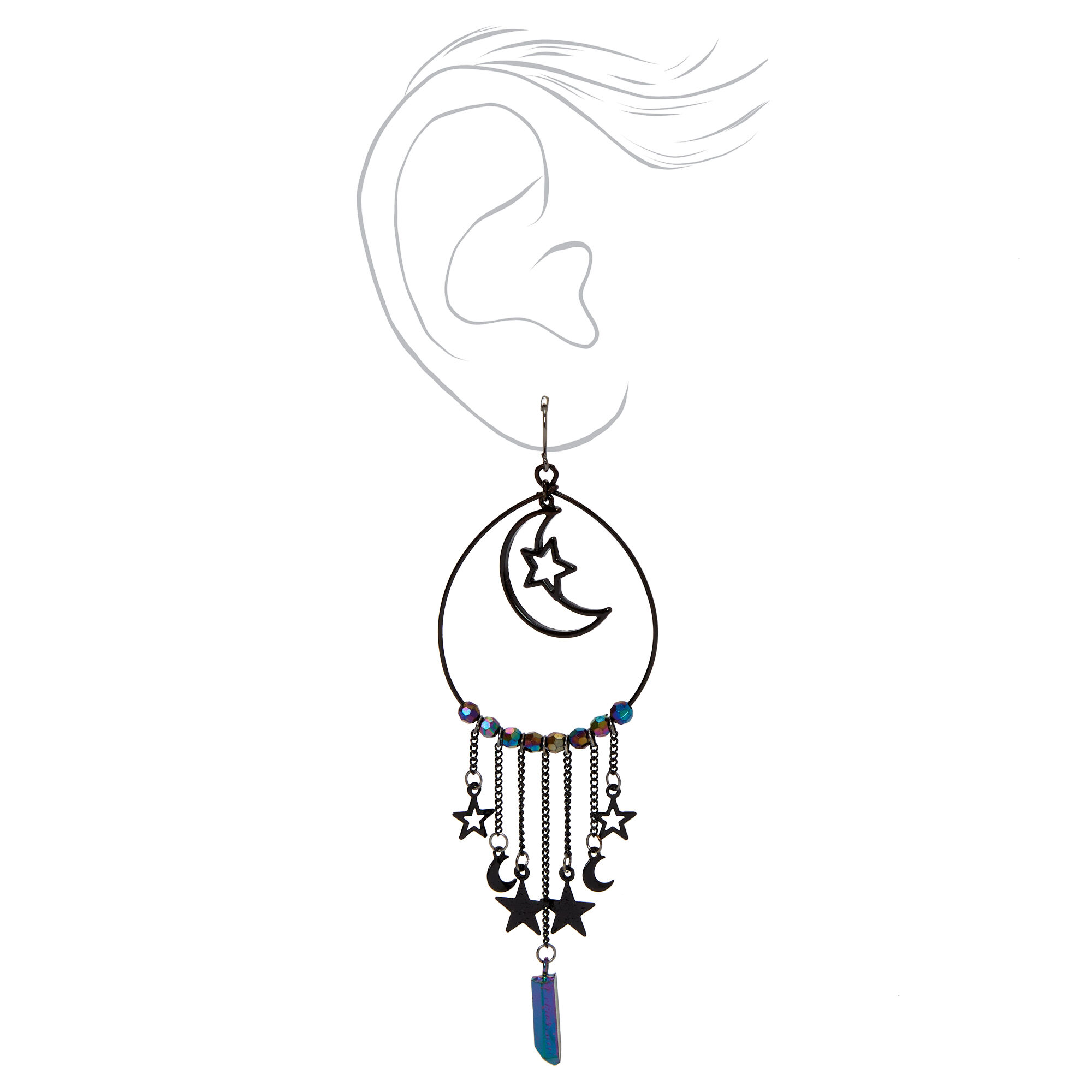 Black 4.5" Celestial Crystal Hoop Drop Earrings,