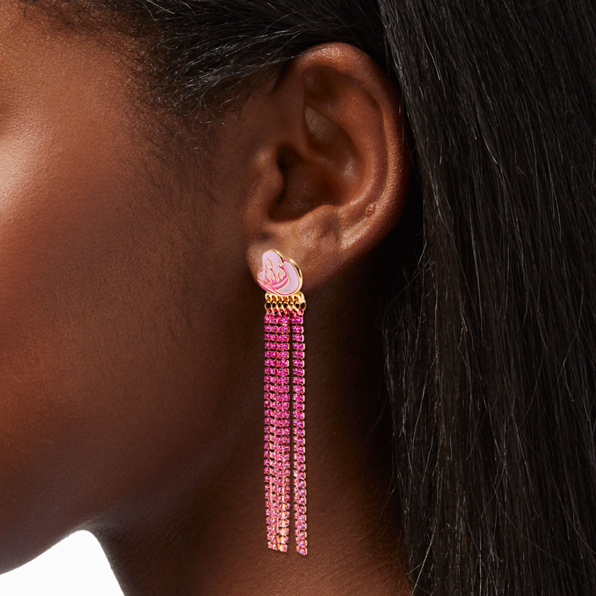 Pink Cowboy Hat Fringe Chains 2" Drop Earrings,