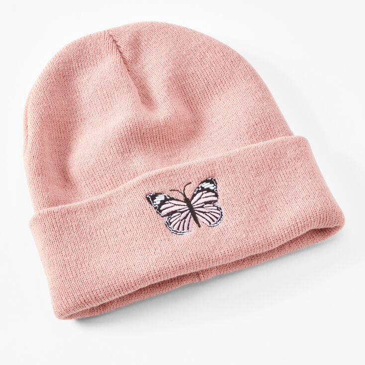 Pink Butterfly Embroidered Beanie Hat,