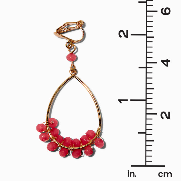 Pink Beaded Gold-tone Hoop Clip-On 1.5&quot; Drop Earrings,