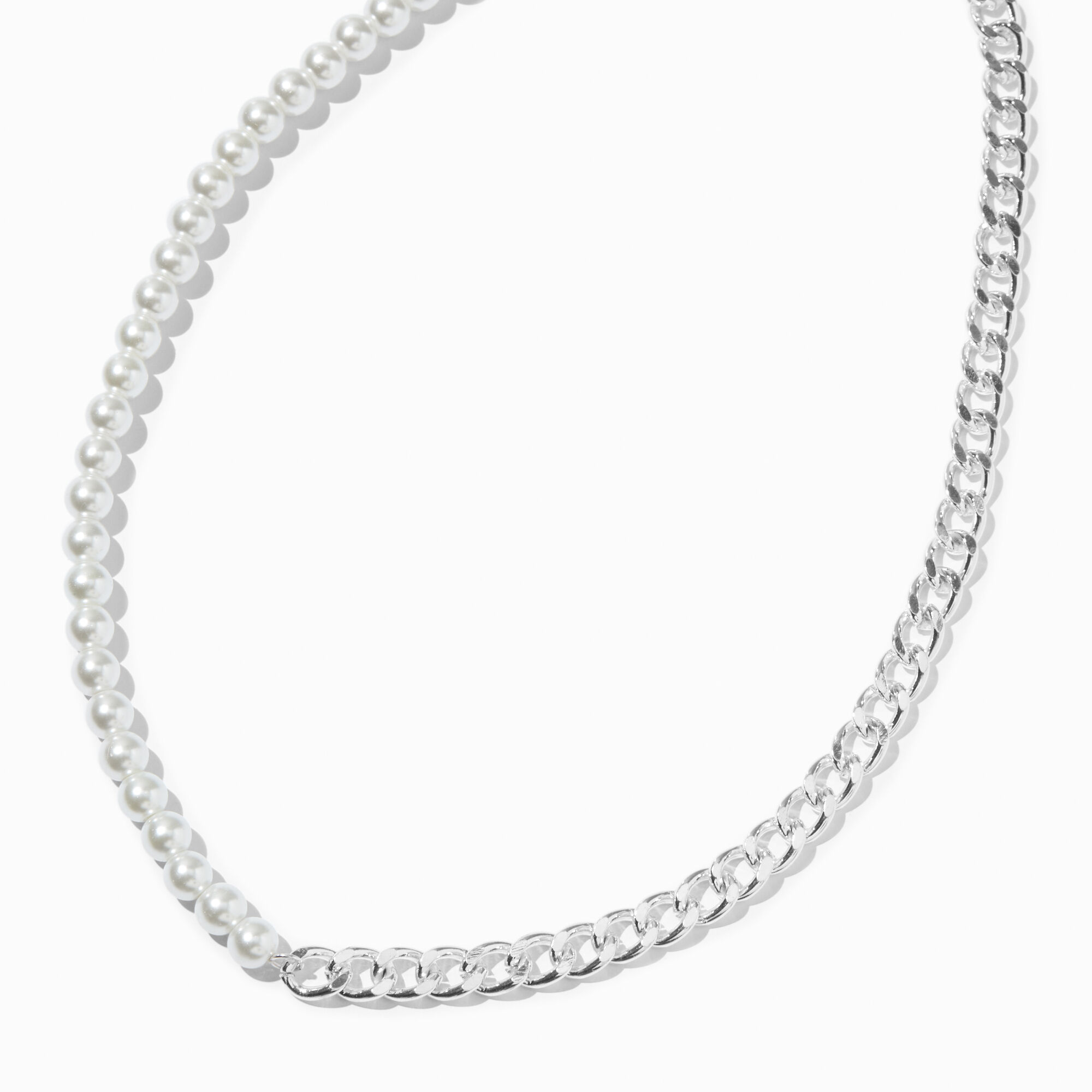 View Claires Half Pearl Curb Chain Necklace Silver information