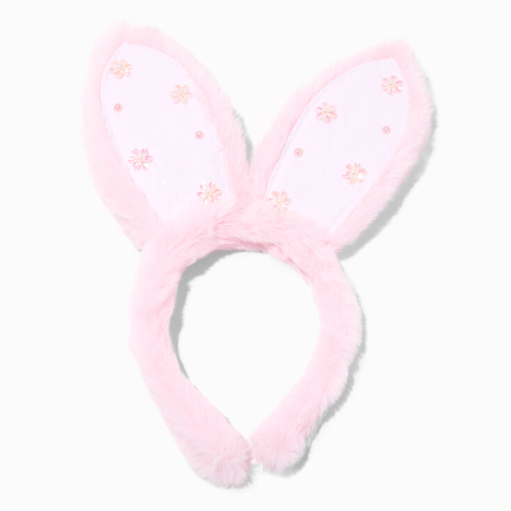 Beaded Floral Pink Plush Bunny Ears Headband,