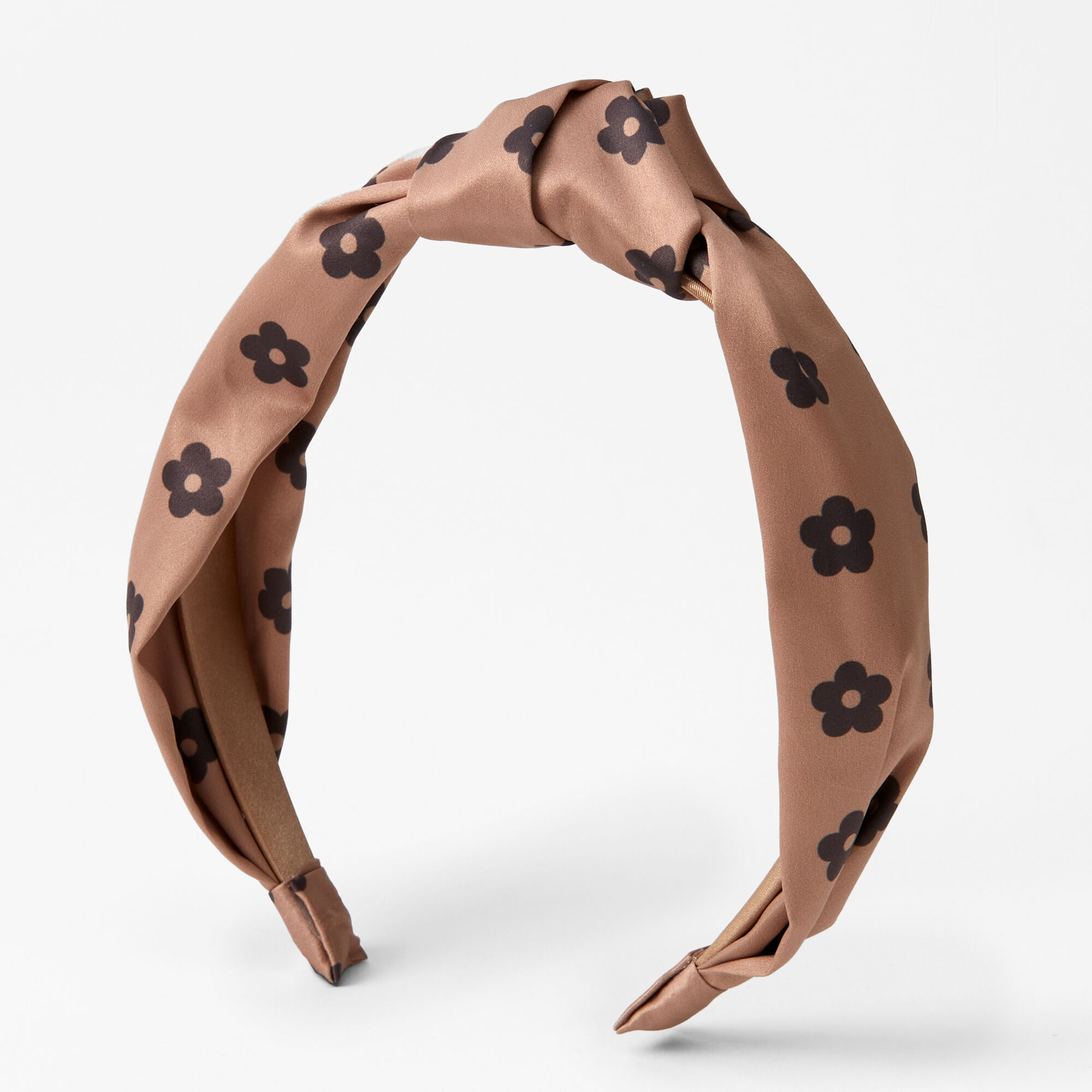 Brown Groovy Daisy Print Knotted Satin Knit Headband,
