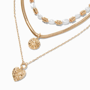 Gold-tone Pearl Textured Pendant Multi-Strand Necklace ,