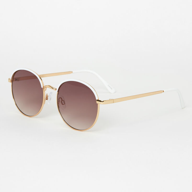 Gold &amp; White Round Frame Sunglasses,