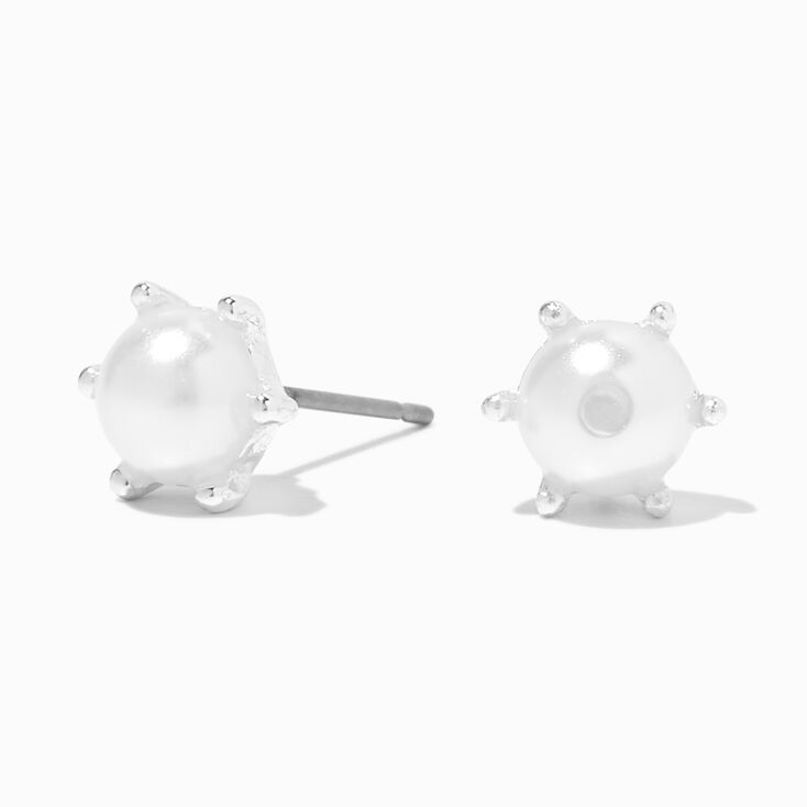 Silver Round Pearl Stud Earrings,