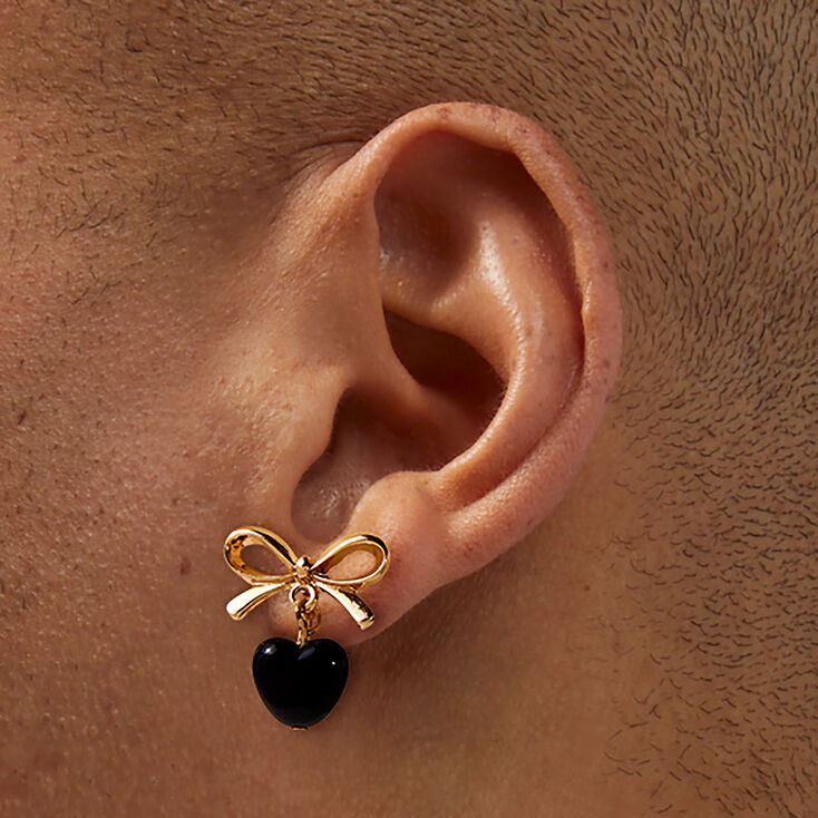 Gold-tone Bow Black Heart Clip-On Drop Earrings,