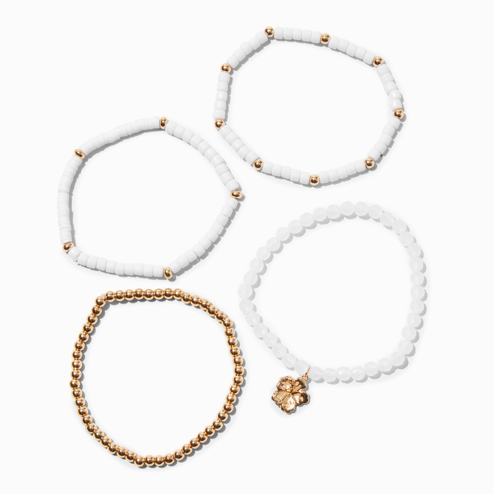 Gold & White Floral Beaded Stretch Bracelets - 3 Pack,