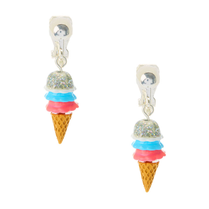 Silver 1&quot; Ice Cream Cone Clip On Drop Earrings,