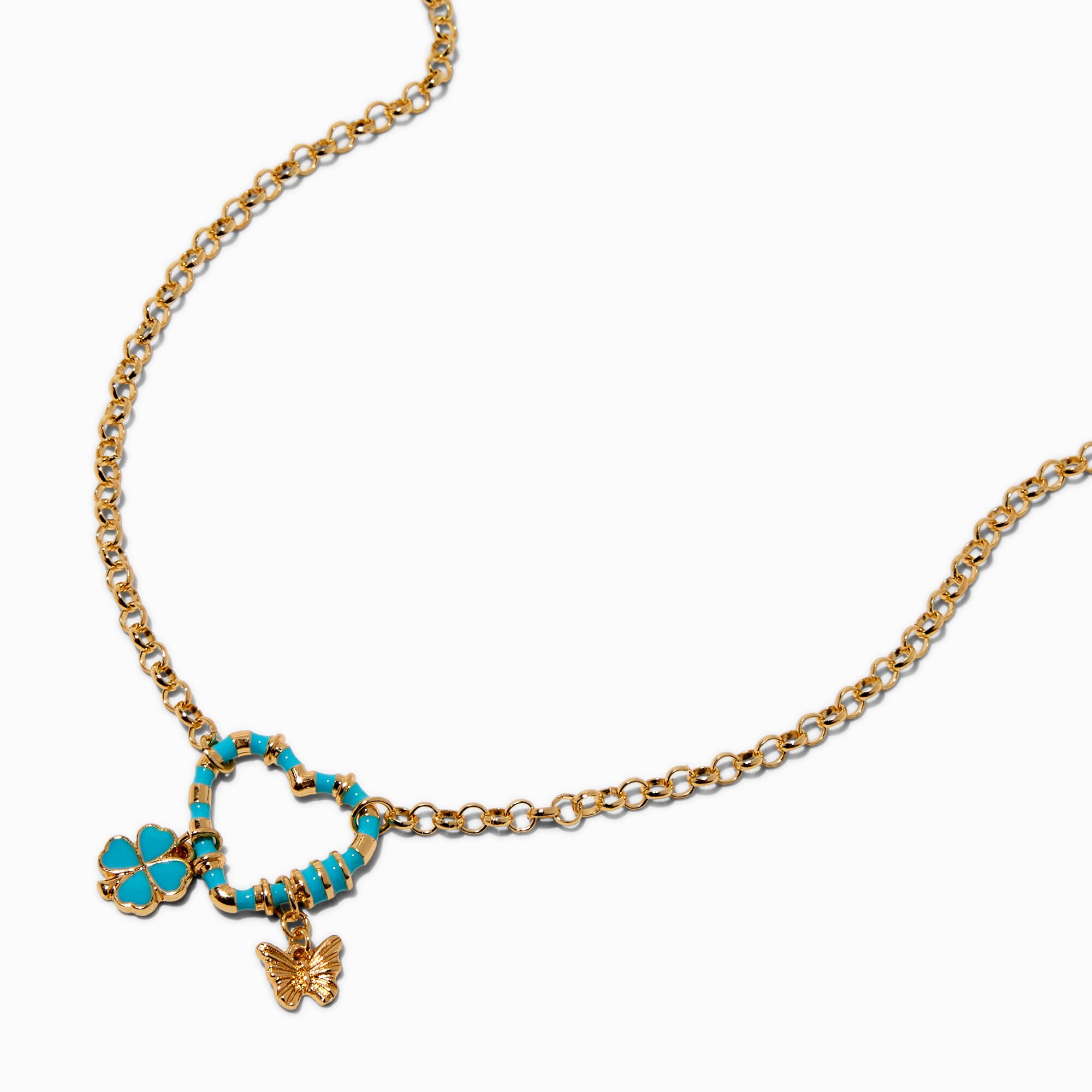 Blue Heart Carabiner Cluster Charm Pendant Necklace,