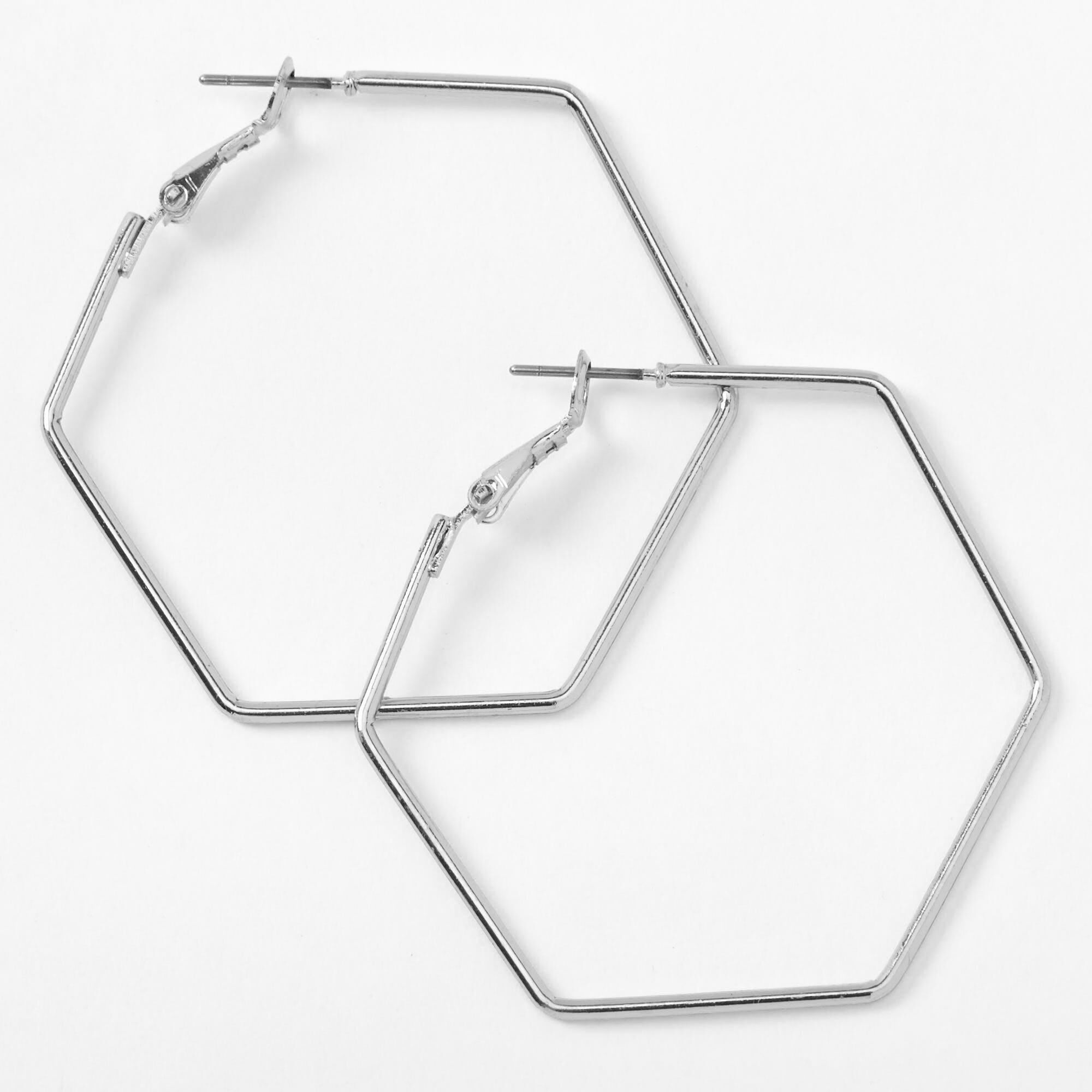 View Claires Tone 40MM Hexagon Hoop Earrings Silver information