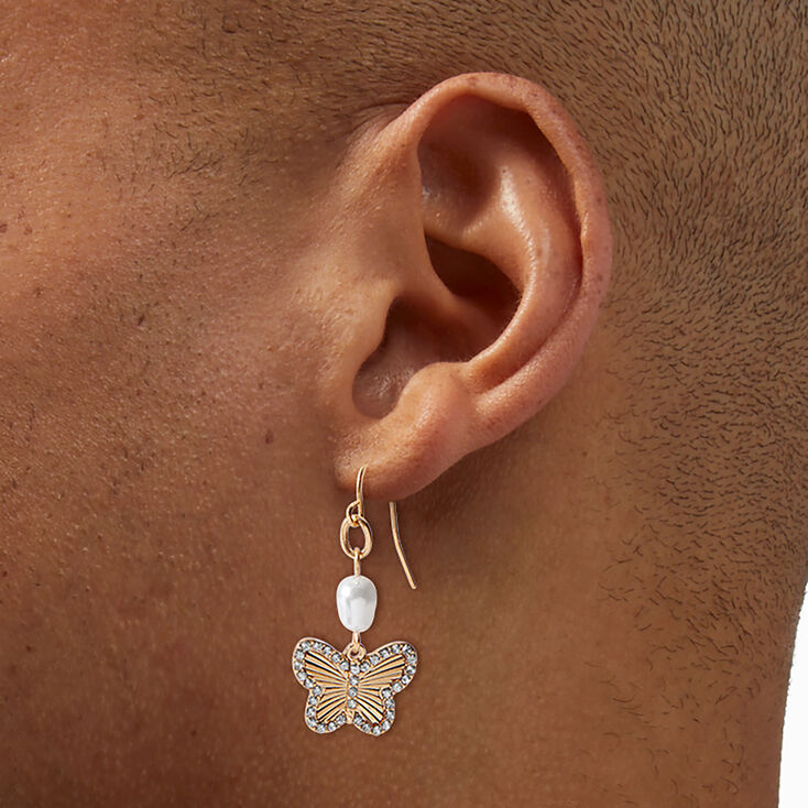 Gold-tone Pav&eacute; Butterfly Pearl Drop Earrings,