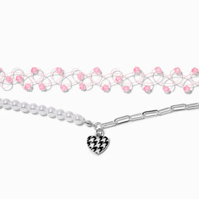 Black &amp; White Houndstooth Heart Choker Necklaces - 2 Pack,