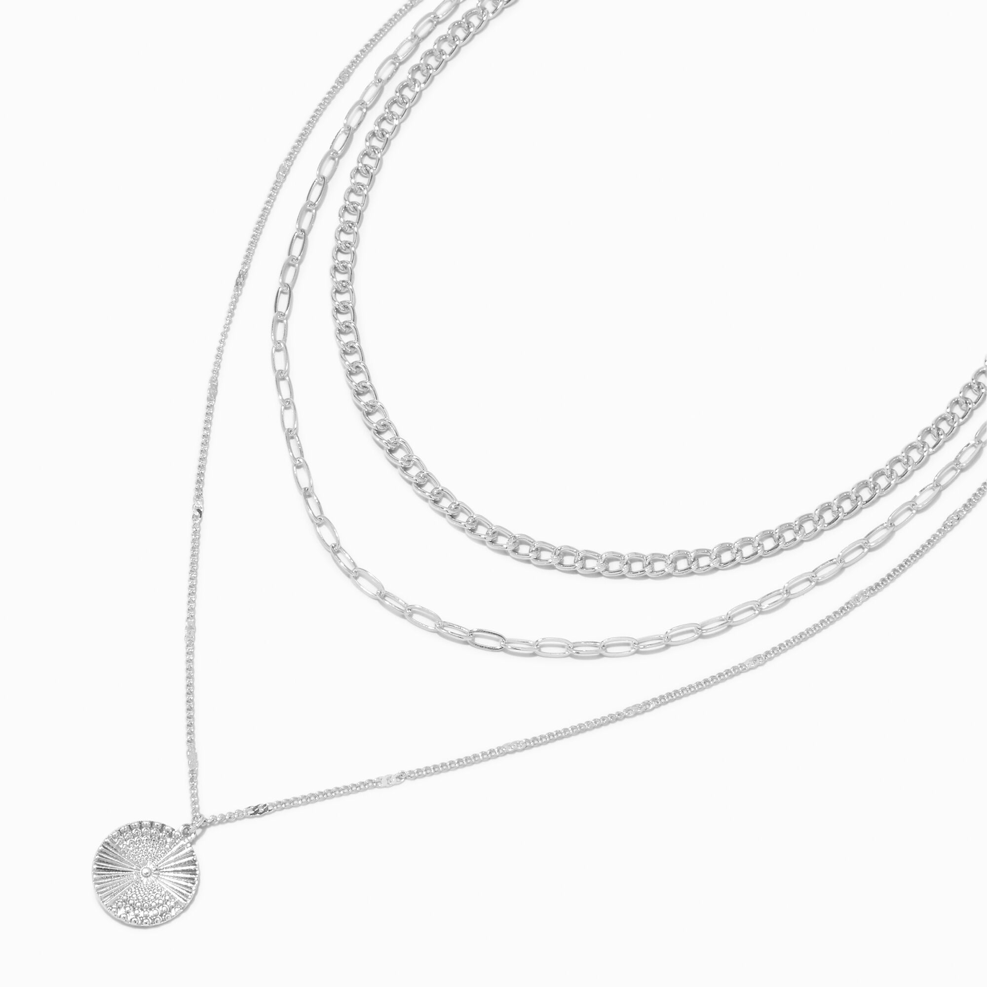 View Claires Tone Twisted Medallion Multi Strand Chain Necklace Silver information