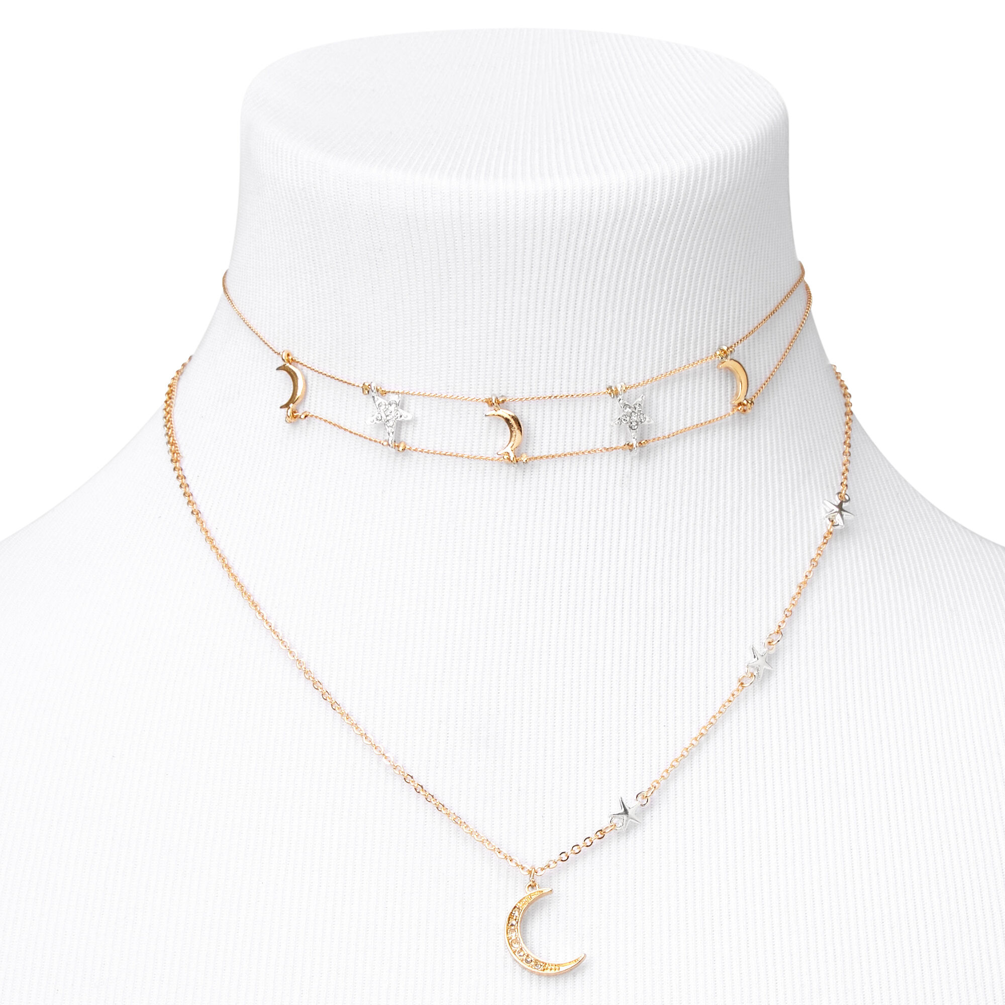 Mixed Metal Crescent Moon Star Multi Strand Choker Necklace,