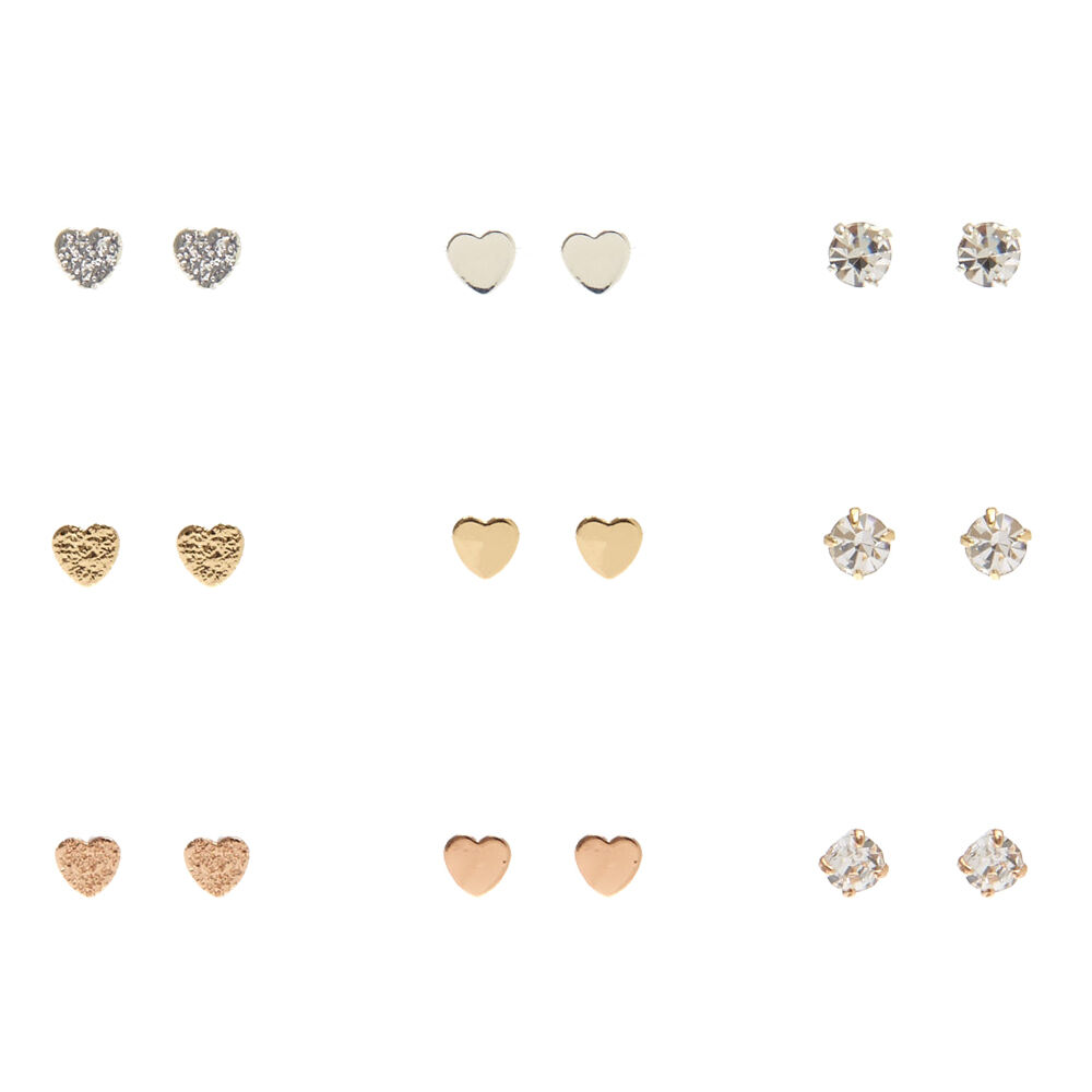 Mixed Metal Mini Heart Clear Faux Crystal Stud Earrings