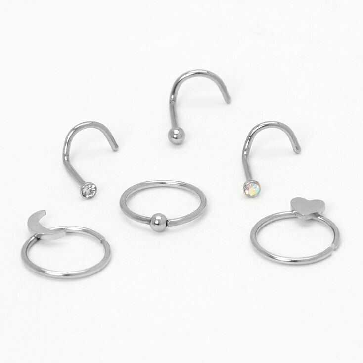 Piercings de nez aux designs vari&eacute;s c&oelig;ur lune 0,8&nbsp;mm couleur argent&eacute;e - Lot de 6,