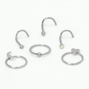 Silver-tone 20G Moon Heart Mixed Nose Rings - 6 Pack,