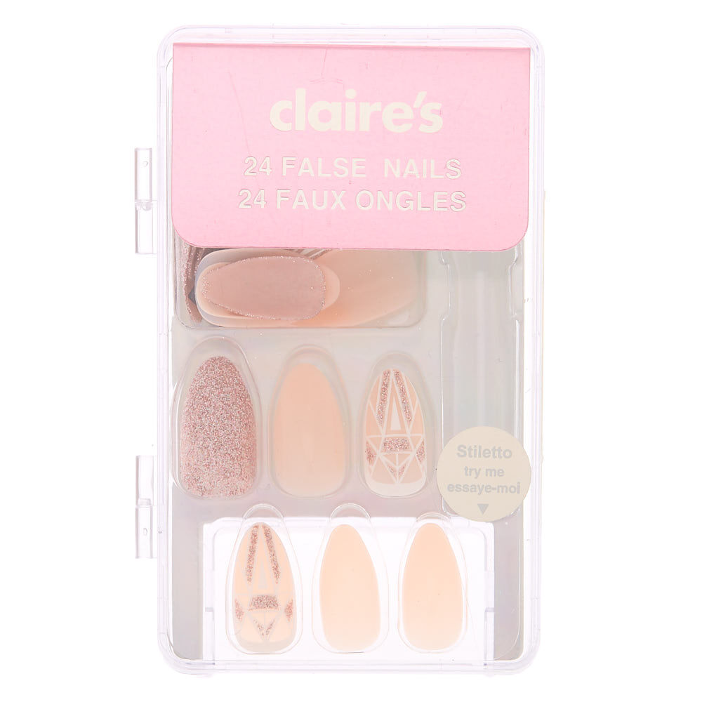 Glitter Geometric Stiletto Faux Nail Set - Pink, 24 Pack,