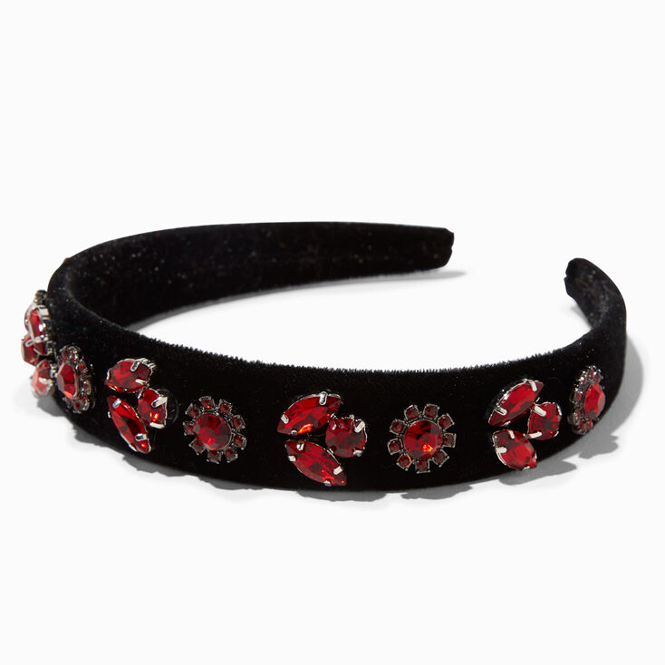 Serre-t&ecirc;te large en velours par&eacute; de bijoux noir et rouge,