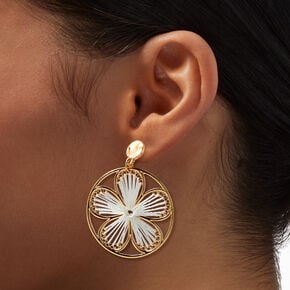 Gold-tone Raffia Flower Disc 3&quot; Clip-On Drop Earrings,