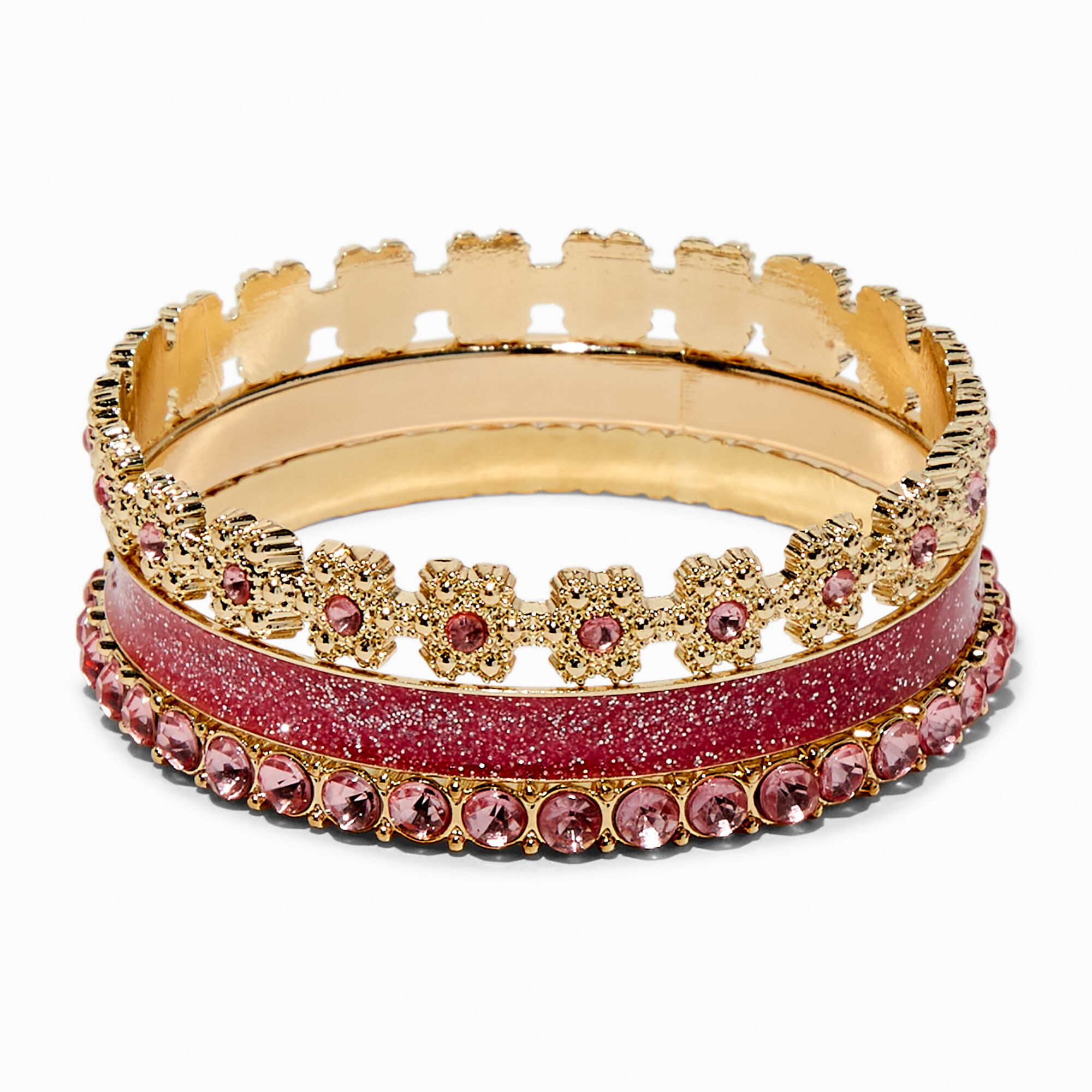 View Claires Club Glitter Gem GoldTone Bangle Bracelets 3 Pack Pink information