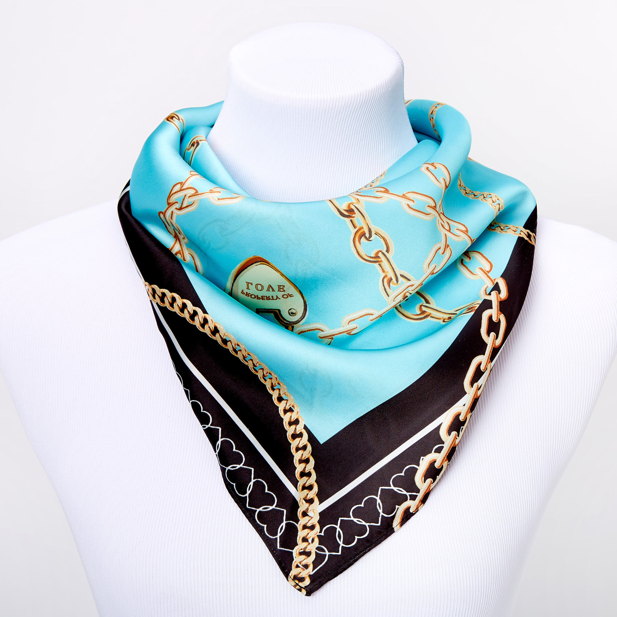 Foulard tendance maillons cœurs effet satiné de forme carrée - Bleu sarcelle,